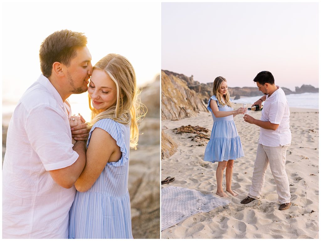 couple portraits at the beach with kisses and champagne