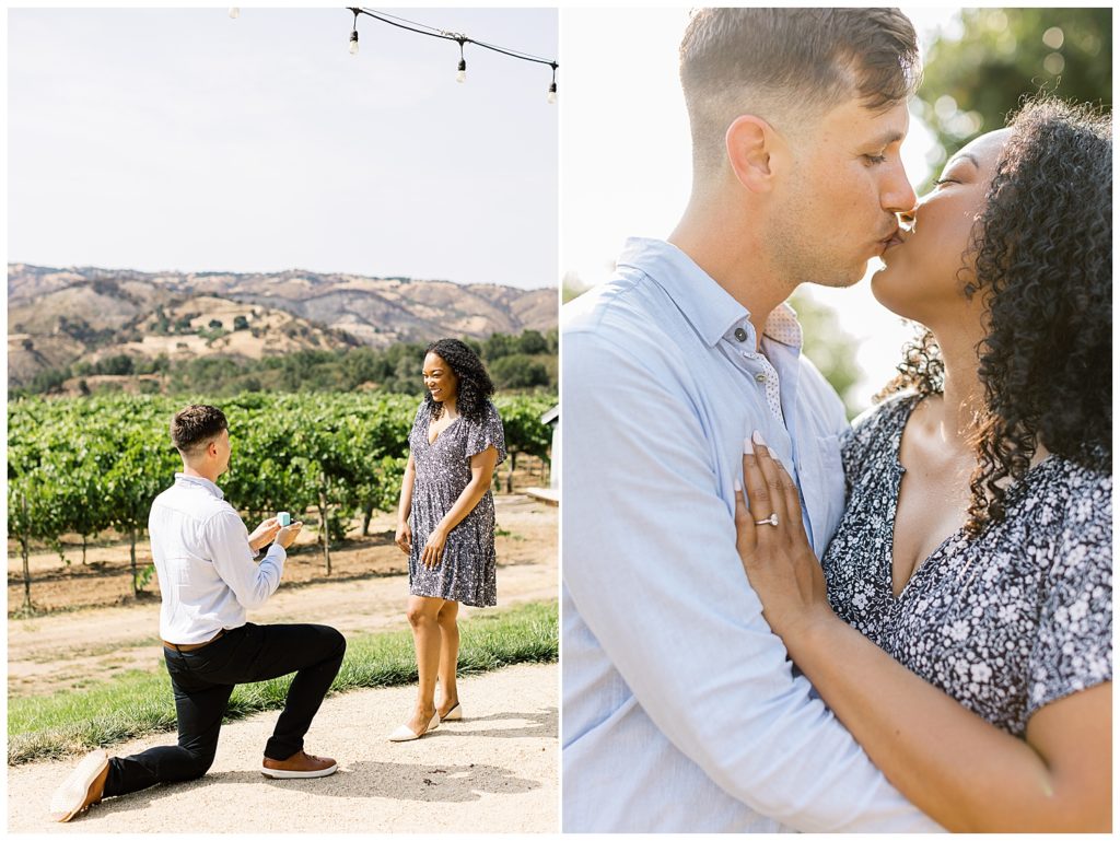 surprise proposal in Carmel Valley; portrait of couple sharing a kiss