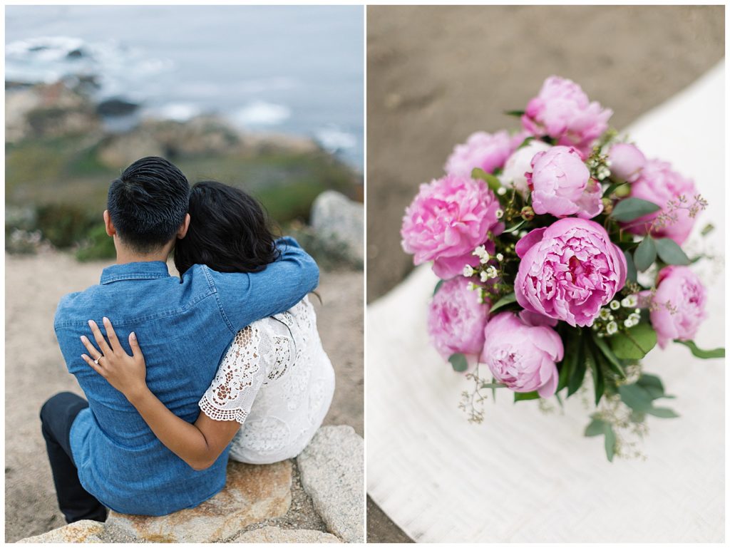 photo of couple with their arms around each other's shoulder; vase of pink peonies
