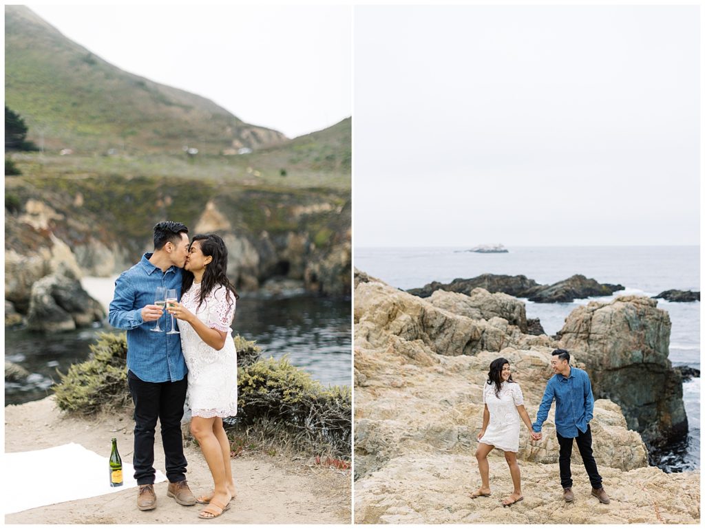couple sharing a kiss and toasting champagne then walking along the cliffs of Big Sur overlooking the water