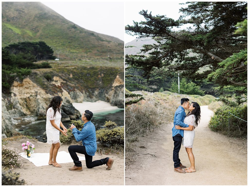 popping the question at Glen Oaks in Big Sur; sharing a kiss