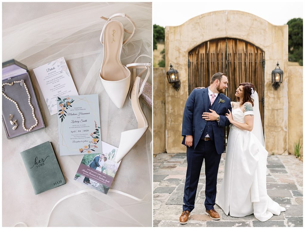 flat lay of bride's details; portrait of the bride and groom smiling each other with a wood and stone gate behind them
