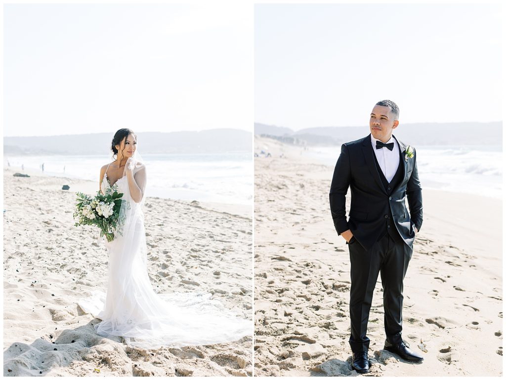 wedding day portraits of the bride and groom at the beach in Monterey by film photographer AGS Photo Art