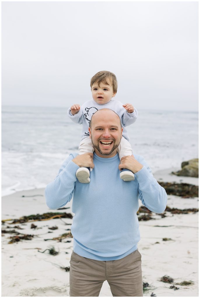Pebble Beach father and son portrait with Dad's baby boy on his shoulders by film photographer AGS Photo Art