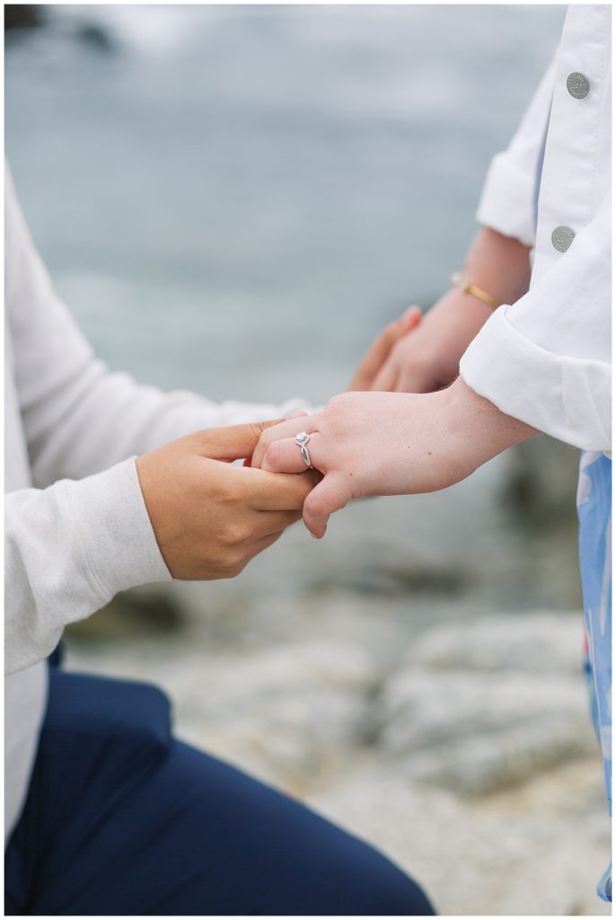 photo of engagement ring at Spanish Bay surprise proposal by film photographer AGS Photo Art