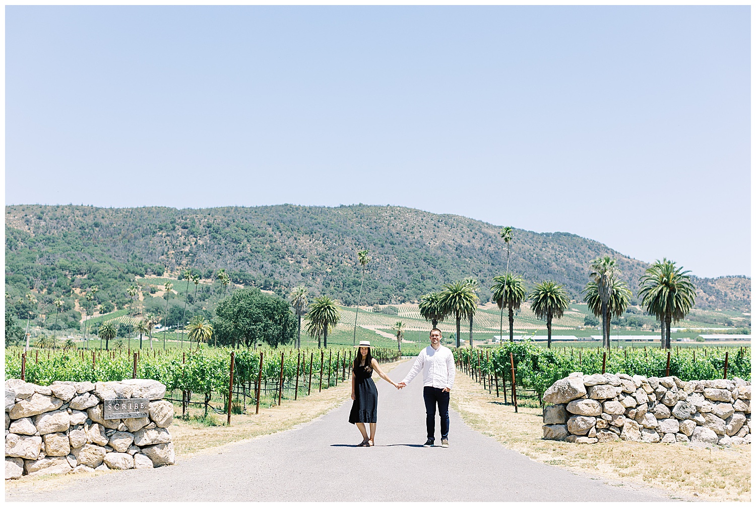 photograph of couple in front of Scribe Winery in Sonoma surrounded by vineyards, stone walls and palm trees by film photographer AGS Photo Art