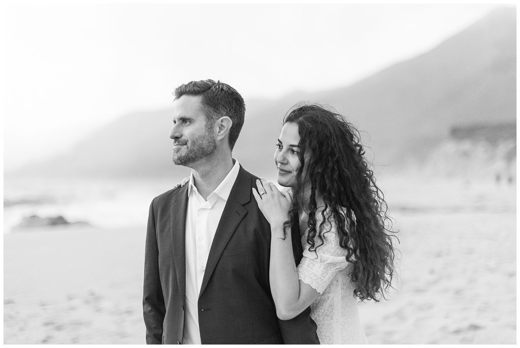 black and white Big Sur Engagement + Bernardus Wedding couple photography on the beach