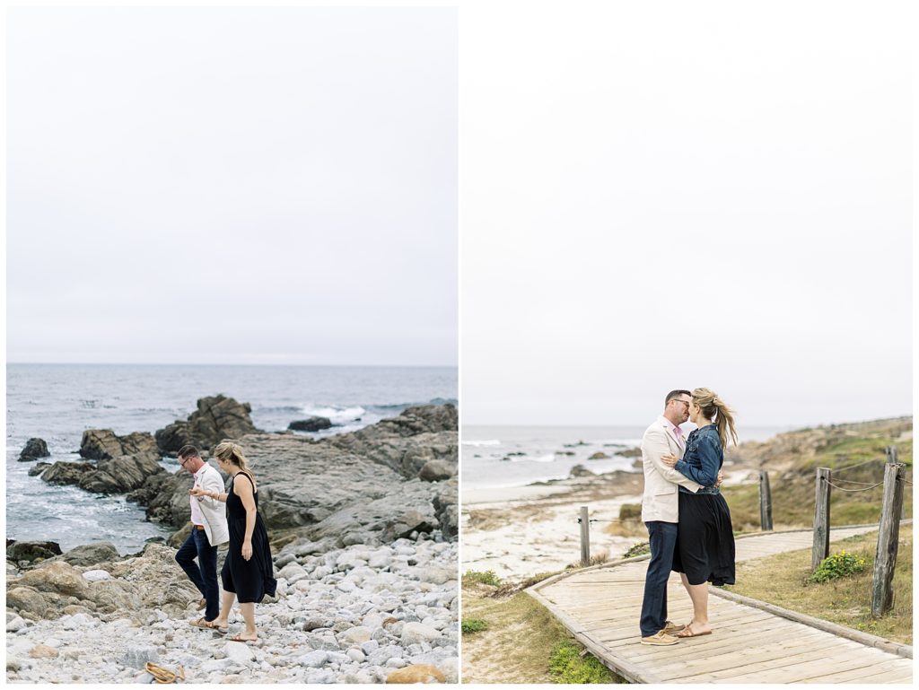 couple on the boardwalk and walking along the rocks to the water at Pebble Beach