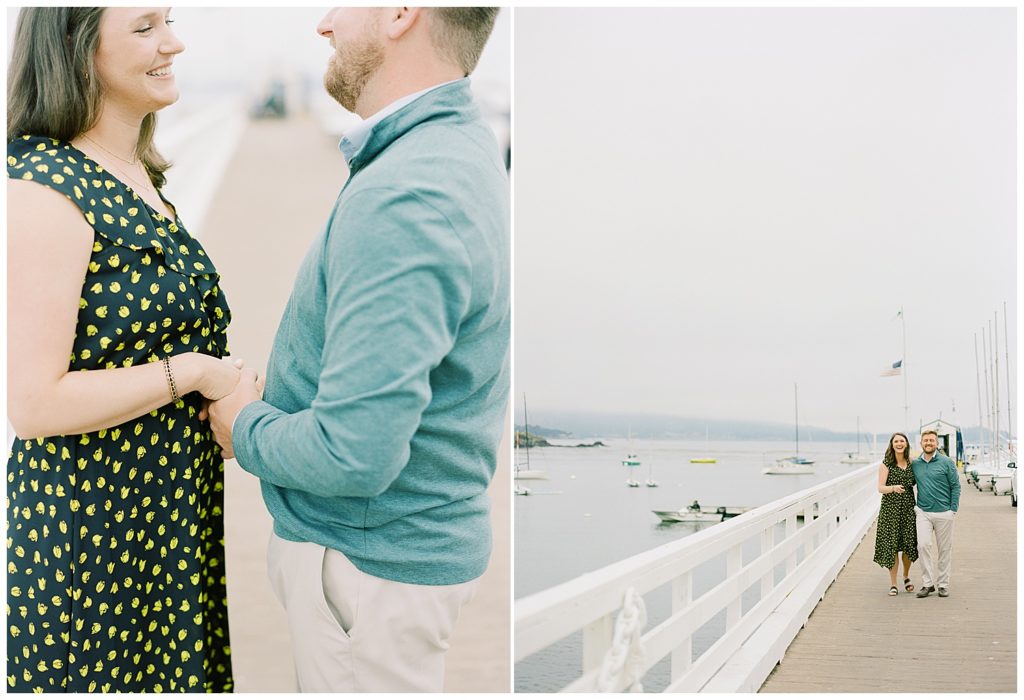 couple portraits during surprise proposal in Pebble Beach on the pier