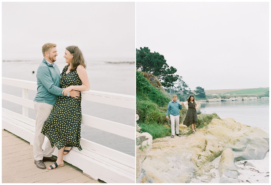 couple on the pier and walking down to the water in Pebble Beach