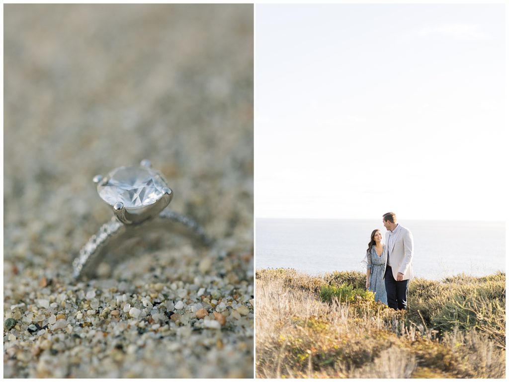 photo of engagement ring from engagement session in Big Sur; couple walking along green and gold trails with the ocean behind them