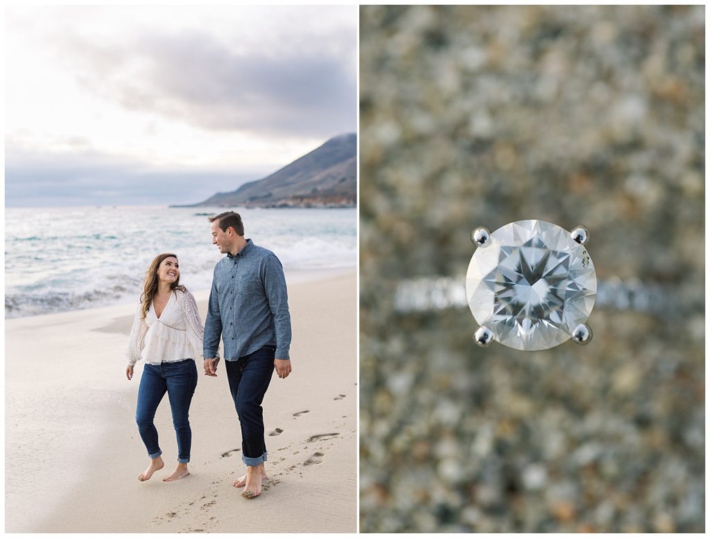 couple walking down the beach during their engagement session in Big Sur; their engagement ring peeking out of the sand