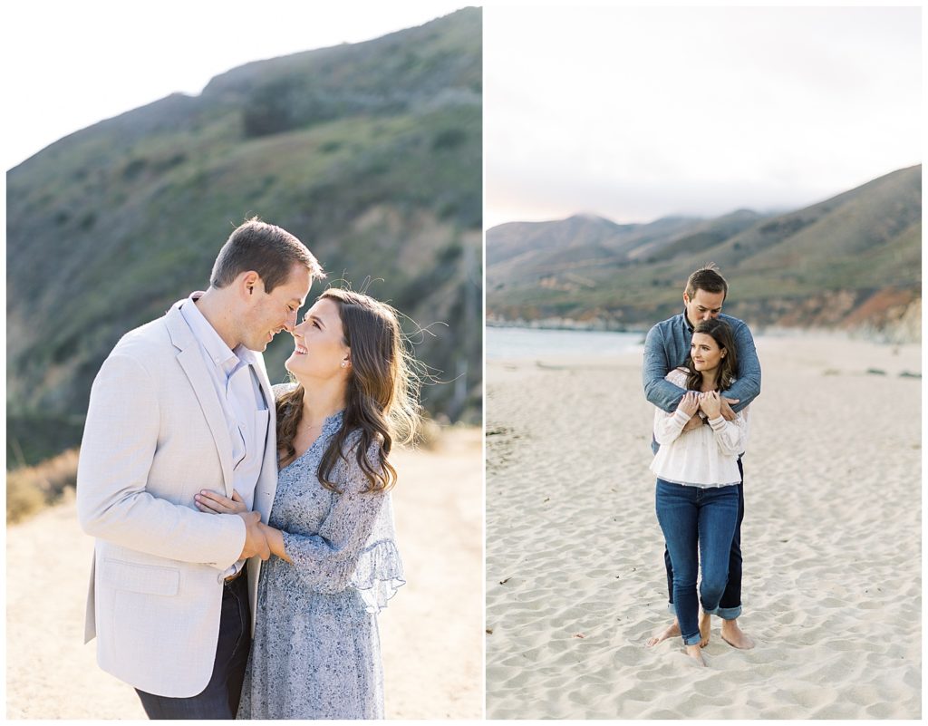 portraits of the couple during their engagement session in Big Sur on the cliffs and at the beach