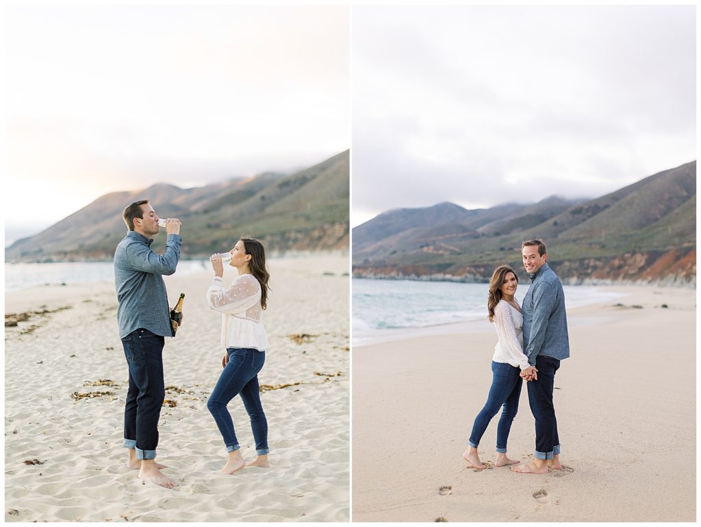 couple celebrating their engagement session in Big Sur at the beach with champagne by film photographer AGS Photo Art