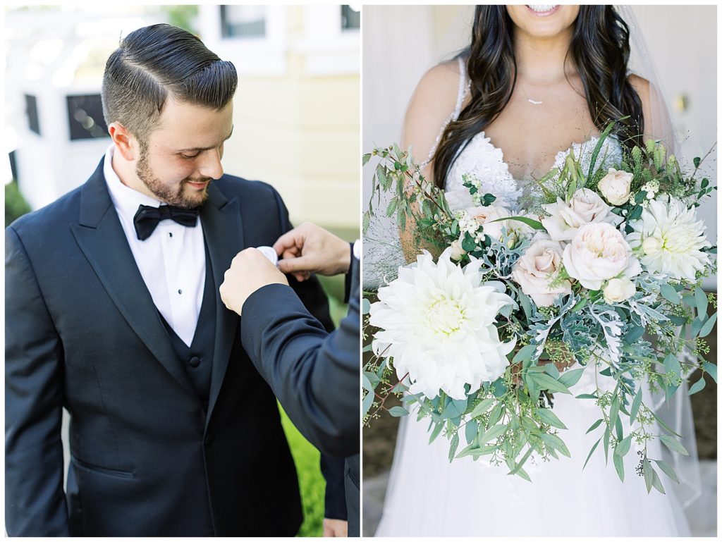 portrait of the groom getting his boutonniere pinned on; portrait of the bride from her shoulders down holding her bouquet by Seascape Flowers