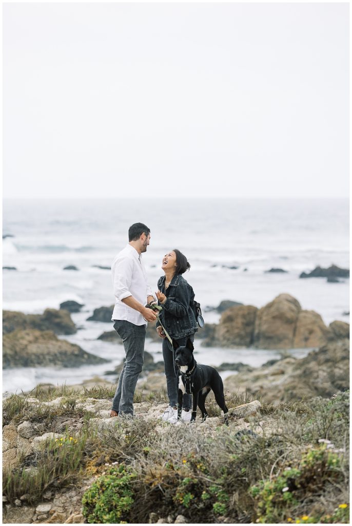 ecstatic couple at Pebble Beach with their dog