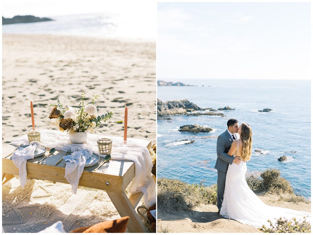 photo of a picnic table setup at on the beach; portrait of the bride and groom sharing a kiss during theirBig Sur elopement wedding overlooking the water by film photographer AGS Photo Art