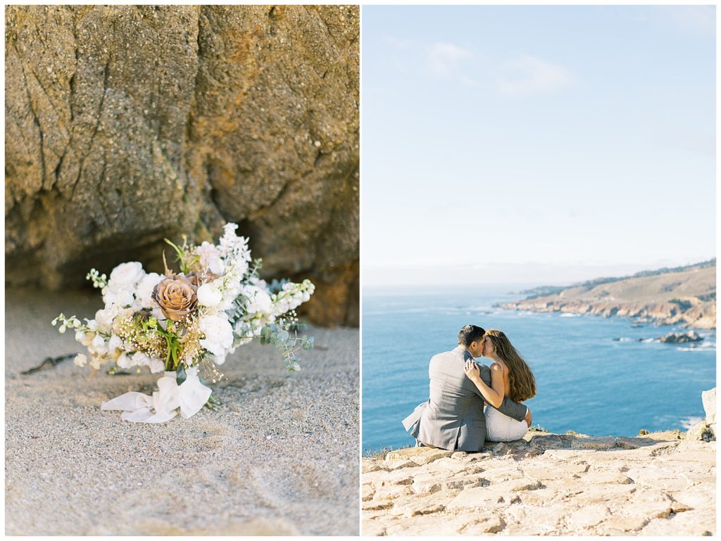 flowers by Cassia Foret; bride and groom sharing a kiss while sitting on the edge of a cliff overlooking the water
