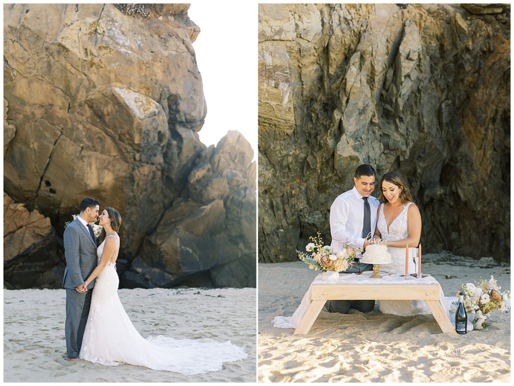 Big Sur beach wedding photographs of the couple on the sand cutting their cake