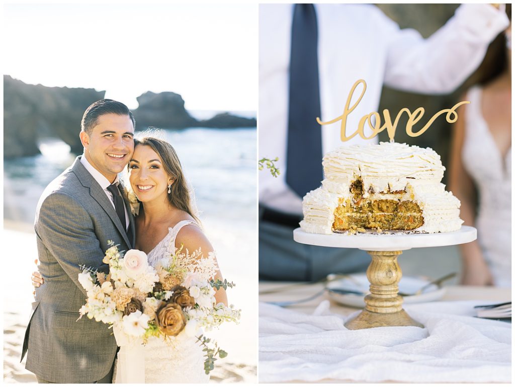 portrait of the bride and groom smiling at the camera with the waves behind them; shot of the bride and groom's Big Sur adventure elopement wedding cake after they sliced some for themselves