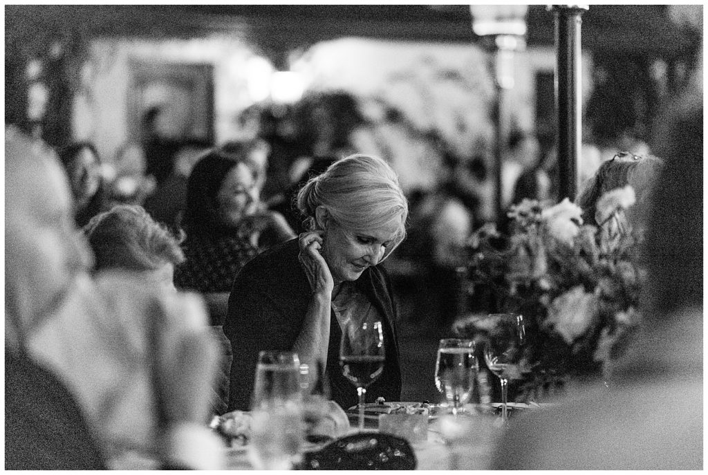 black and white candid of guest at Folktale Winery film wedding