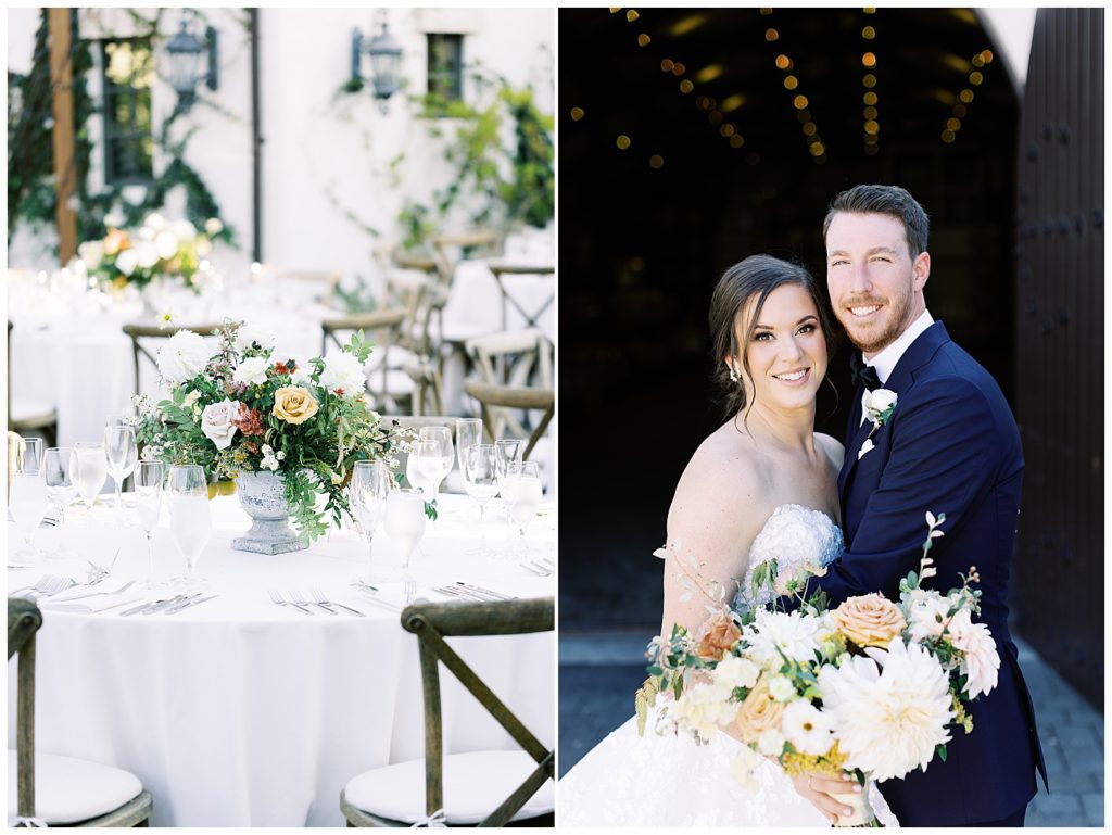 Folktale Winery film wedding florals by Seascape Flowers; portrait of the bride and groom smiling at the camera