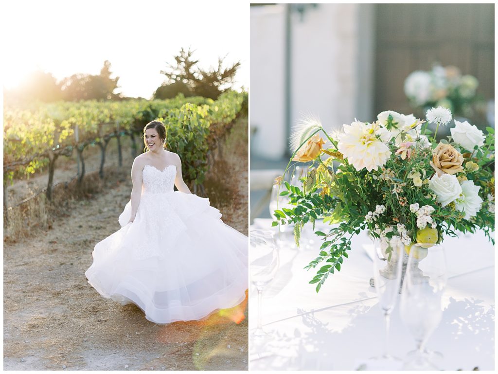 portraits of the bride in the vineyards at her Folktale Winery film wedding; florals by Seascape Flowers