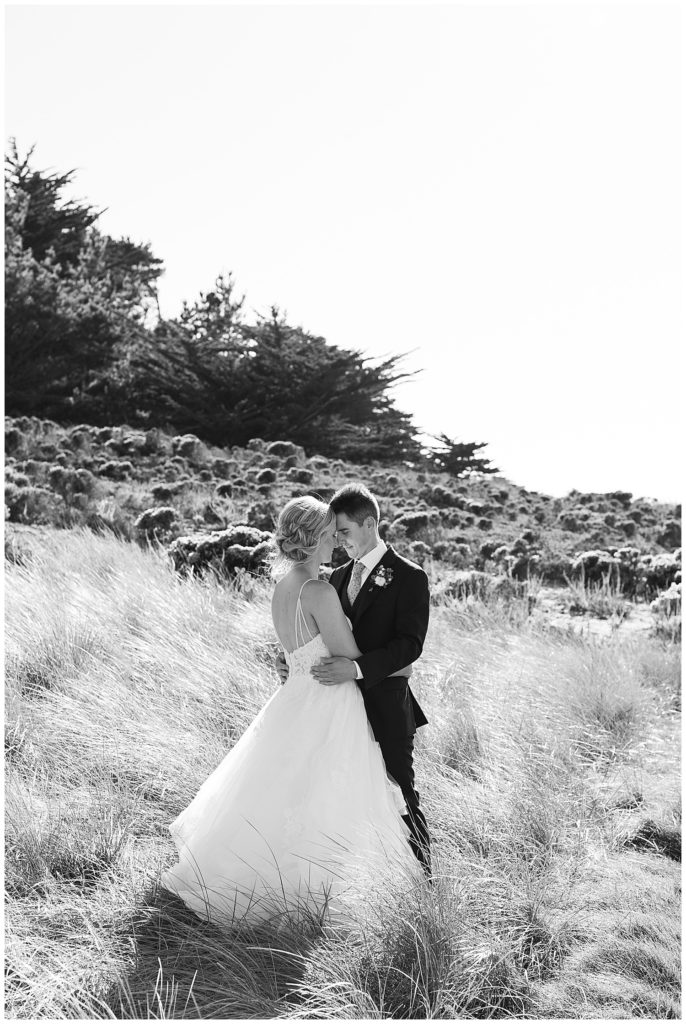 black and white MPCC luxury wedding portrait of the bride and groom in a field