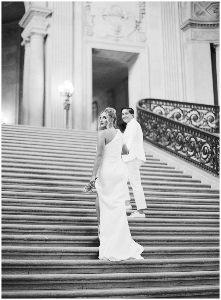black and white San Francisco City Hall Elopement bridal portrait up the steps by film photographer AGS Photo Art