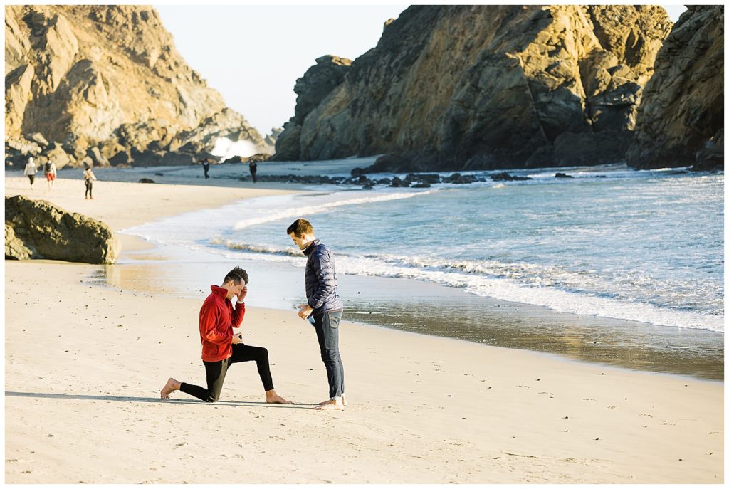 same sex couple and their Pfeiffer Beach surprise engagement