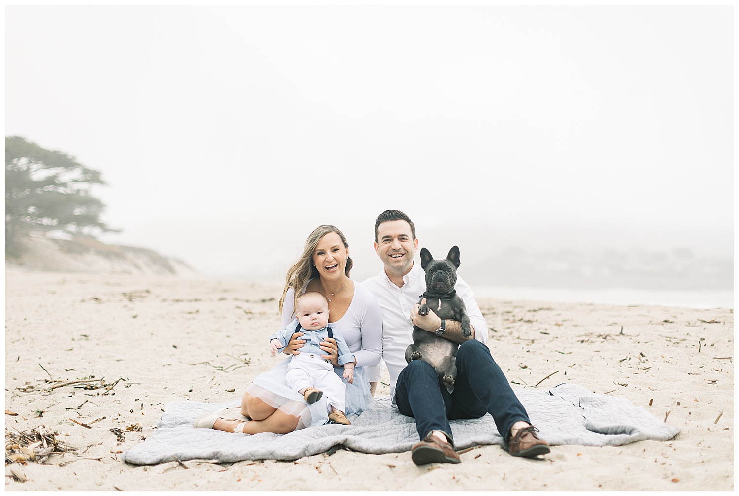 family film session in Carmel By The Sea featuring Morgan & Bill, their son Wills, and their Frenchie Olive