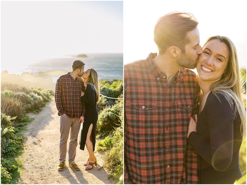 two images of a couple holding on to one another and kissing during Big Sur Engagement Photoshoot