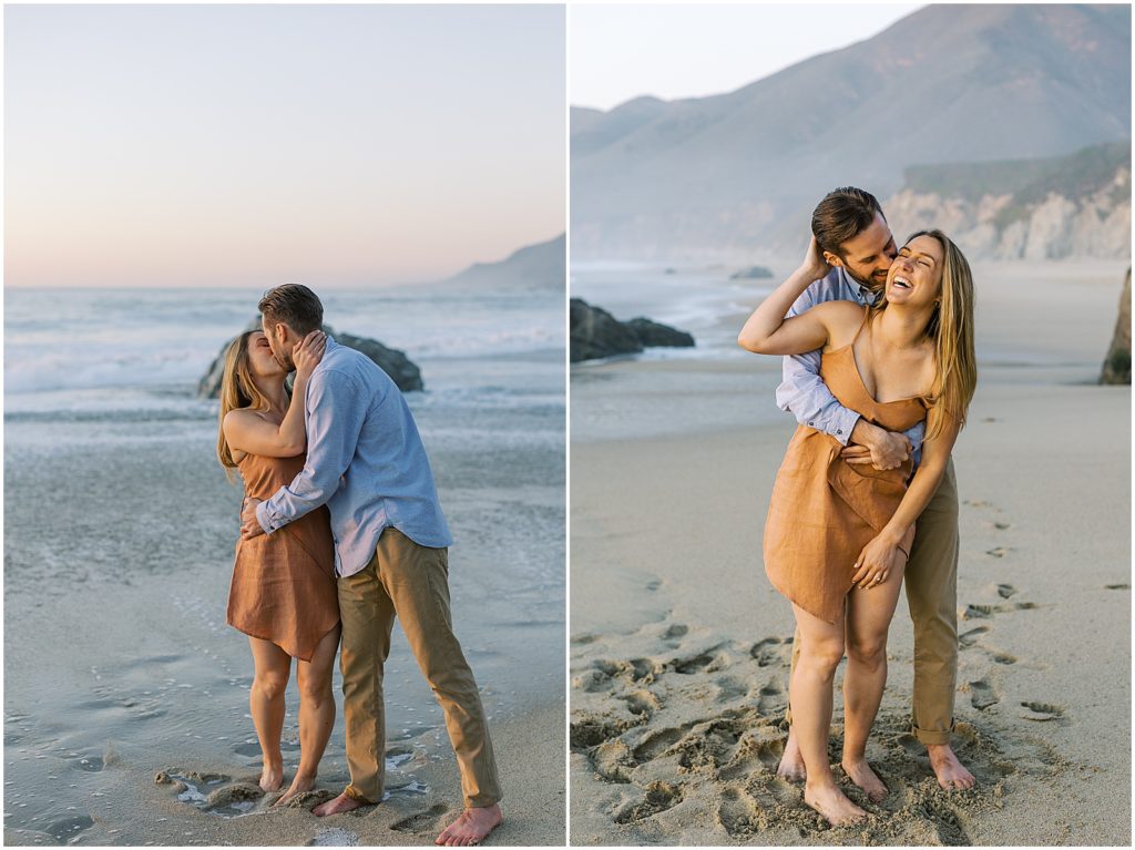 two images of a couple cuddling together on the beach