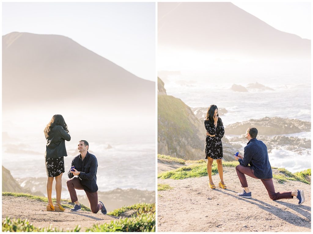 two images of a man proposing to his girlfriend in Big Sur CA