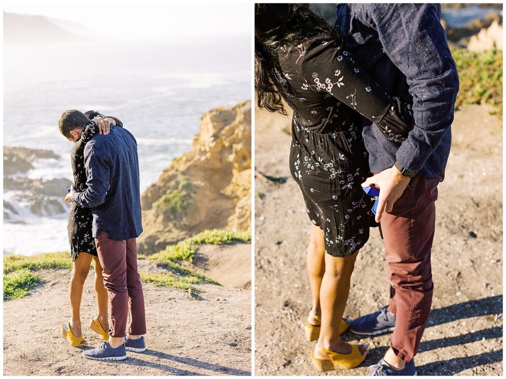 two images of a couple embracing after a Big Sur Surprise Proposal