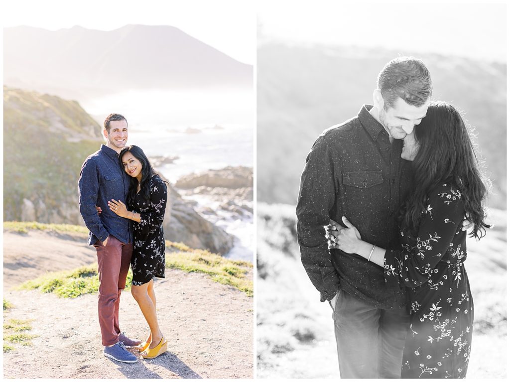two images of a couple embracing one another after Big Sur Surprise Proposal