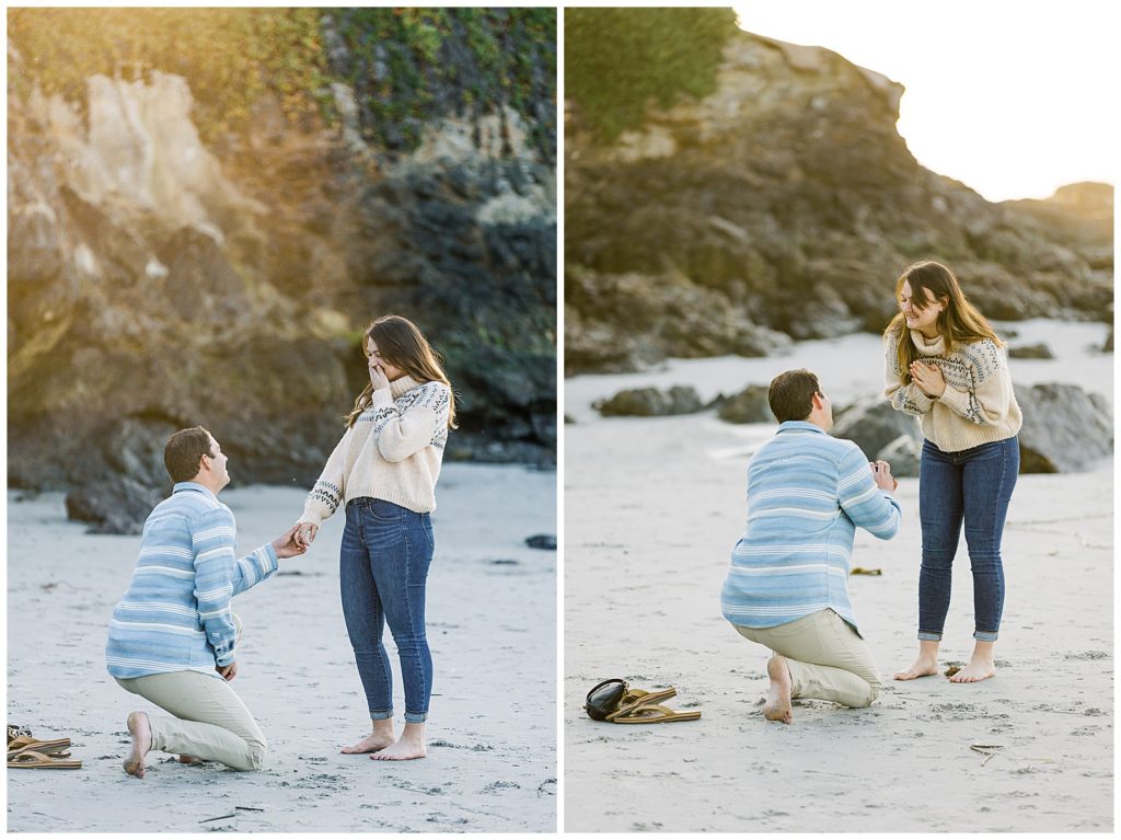 two images of a man proposing to his girlfriend on the beach in Carmel-By-The-Sea