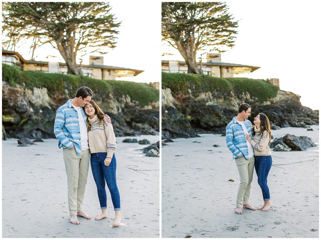 two images of a couple embracing one another on the beach after Carmel-By-The-Sea Surprise Proposal