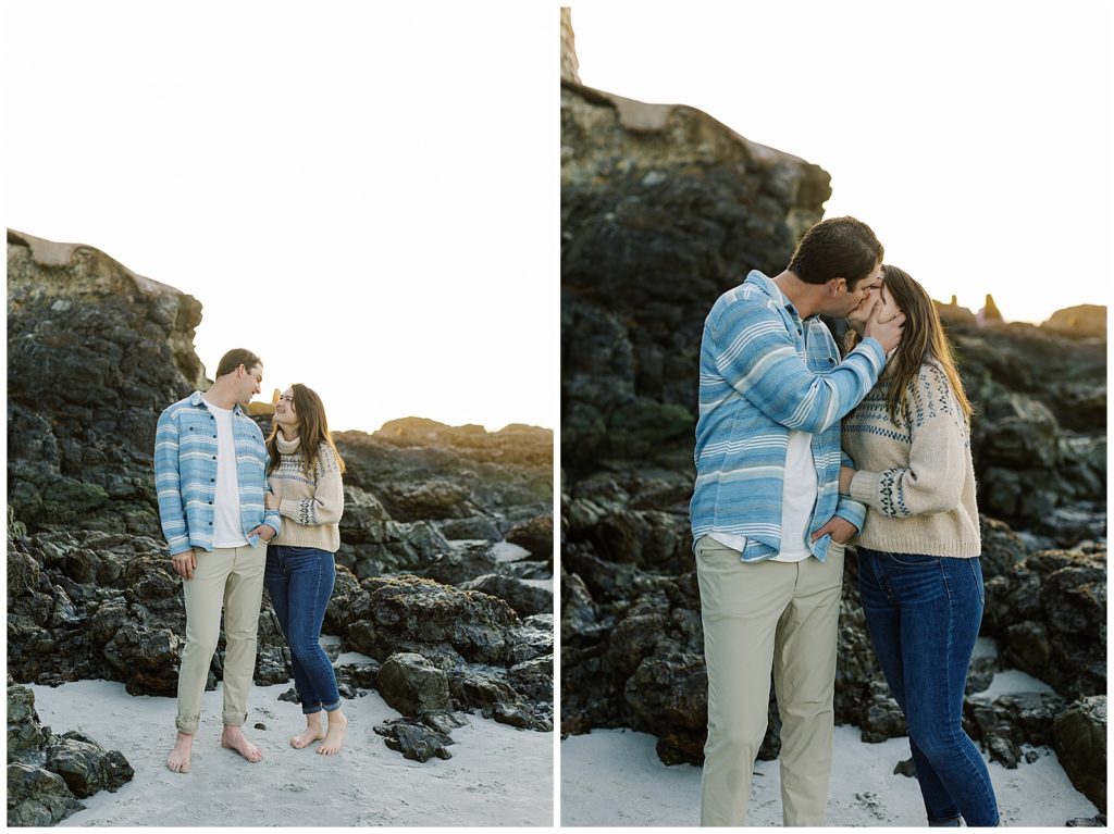two images of a couple standing together by some rocks on the beach in Carmel CA
