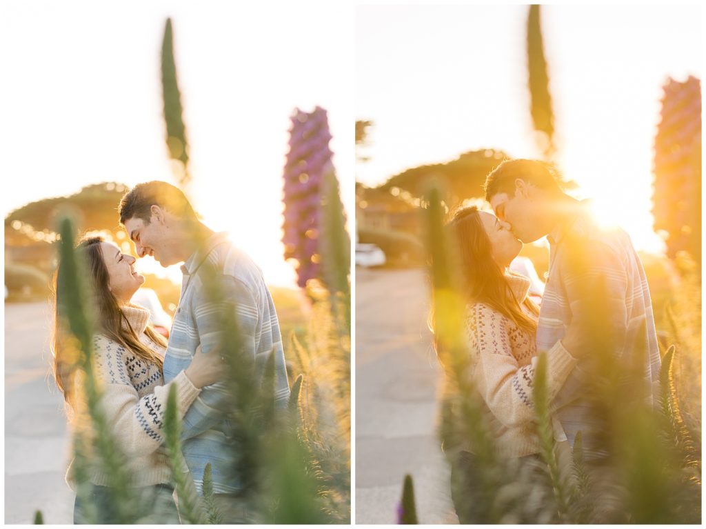 two images of a couple kissing with the sunset behind them