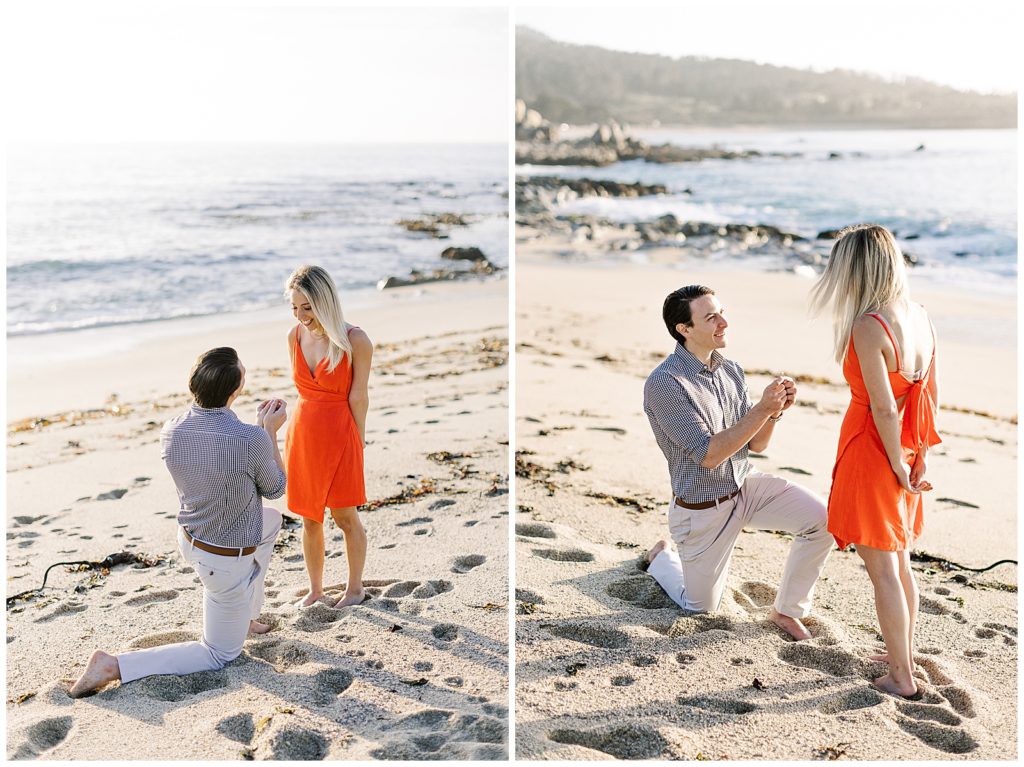 two images of a woman being proposed to during Carmel surprise proposal
