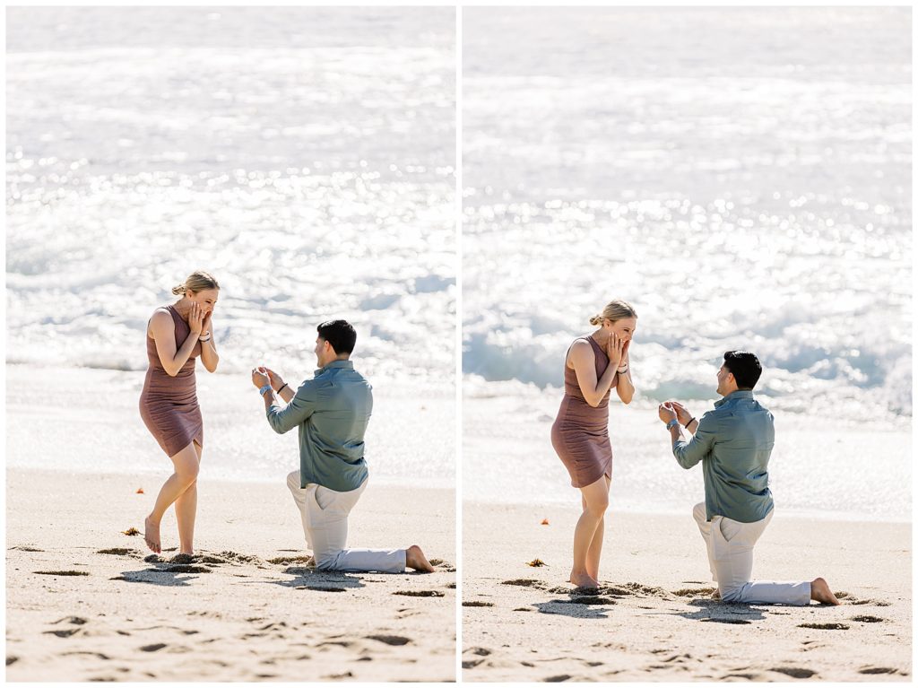 two images of a man proposing to a woman during Carmel surprise proposal