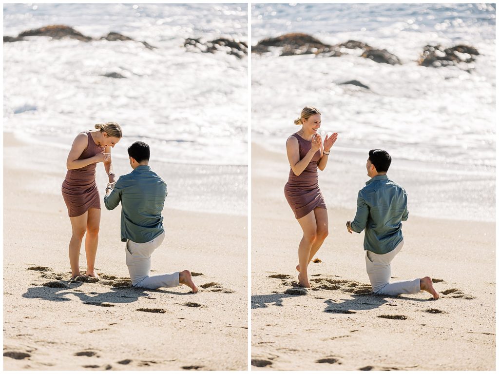 two images of a woman reacting to Carmel surprise proposal