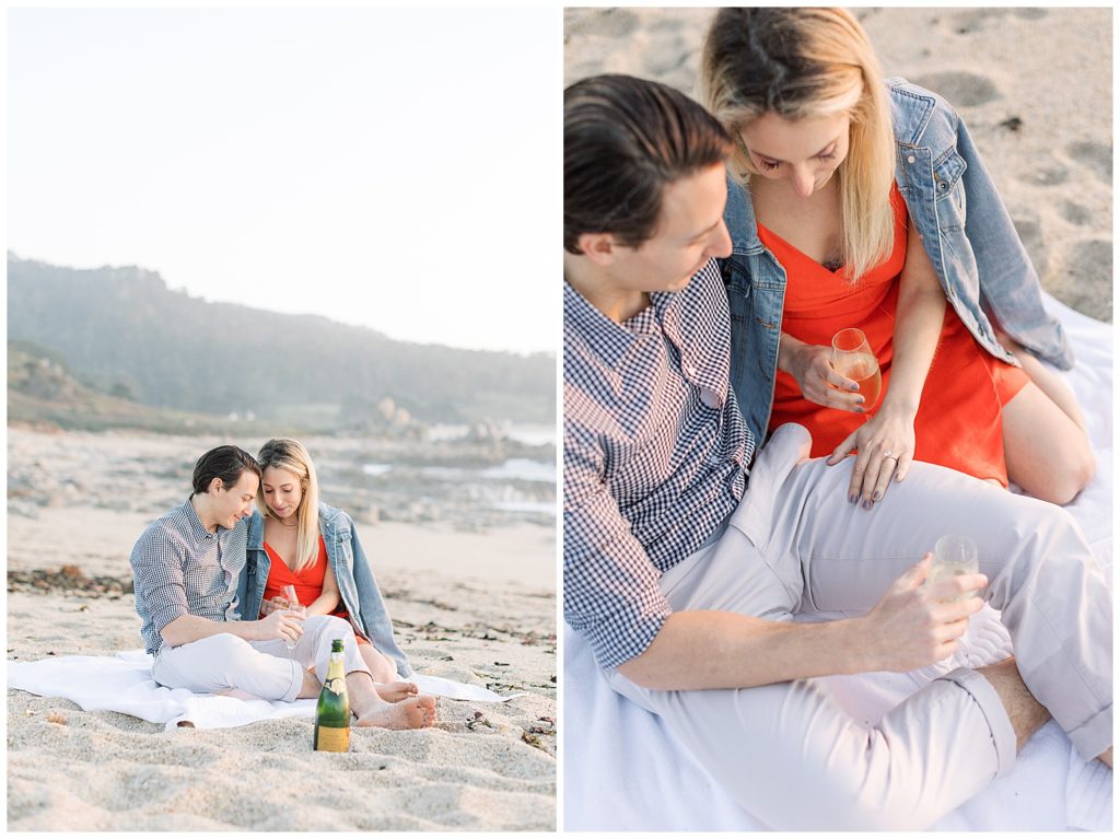 two images of a couples sitting together on a blanket on the beach