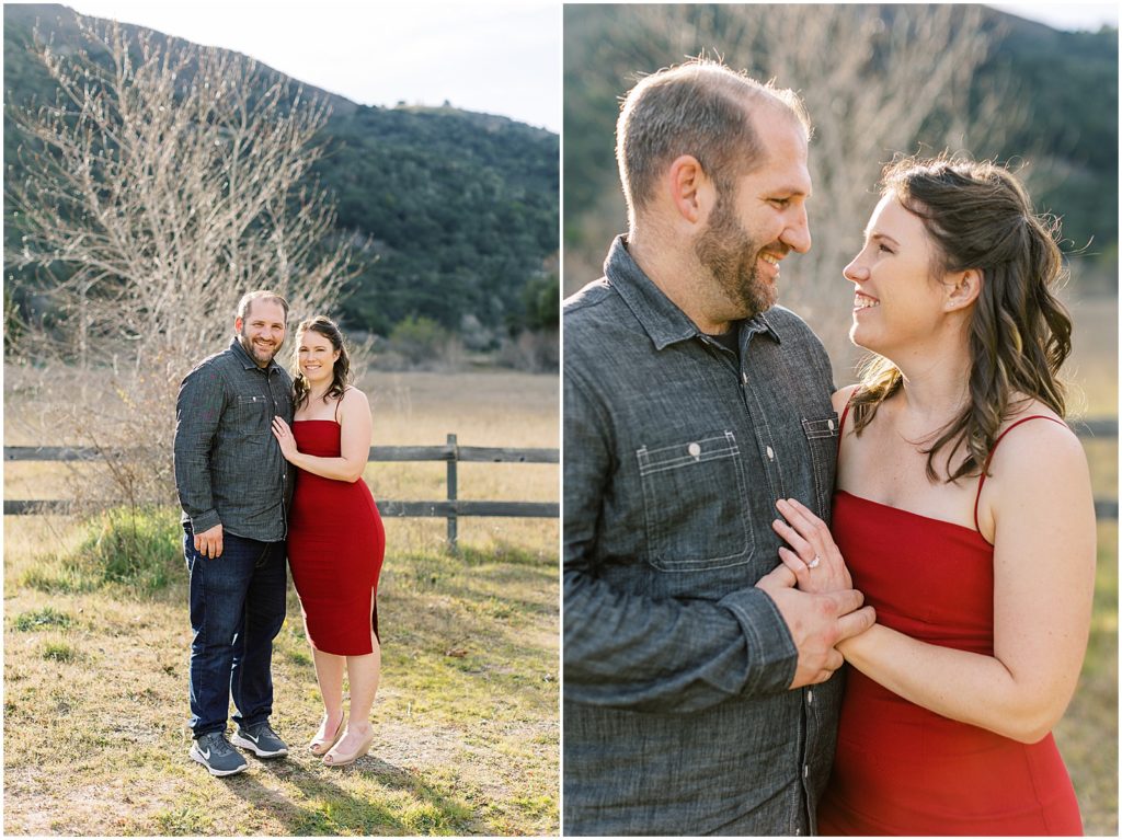two images of a couple standing together during Carmel Valley Engagement Shoot