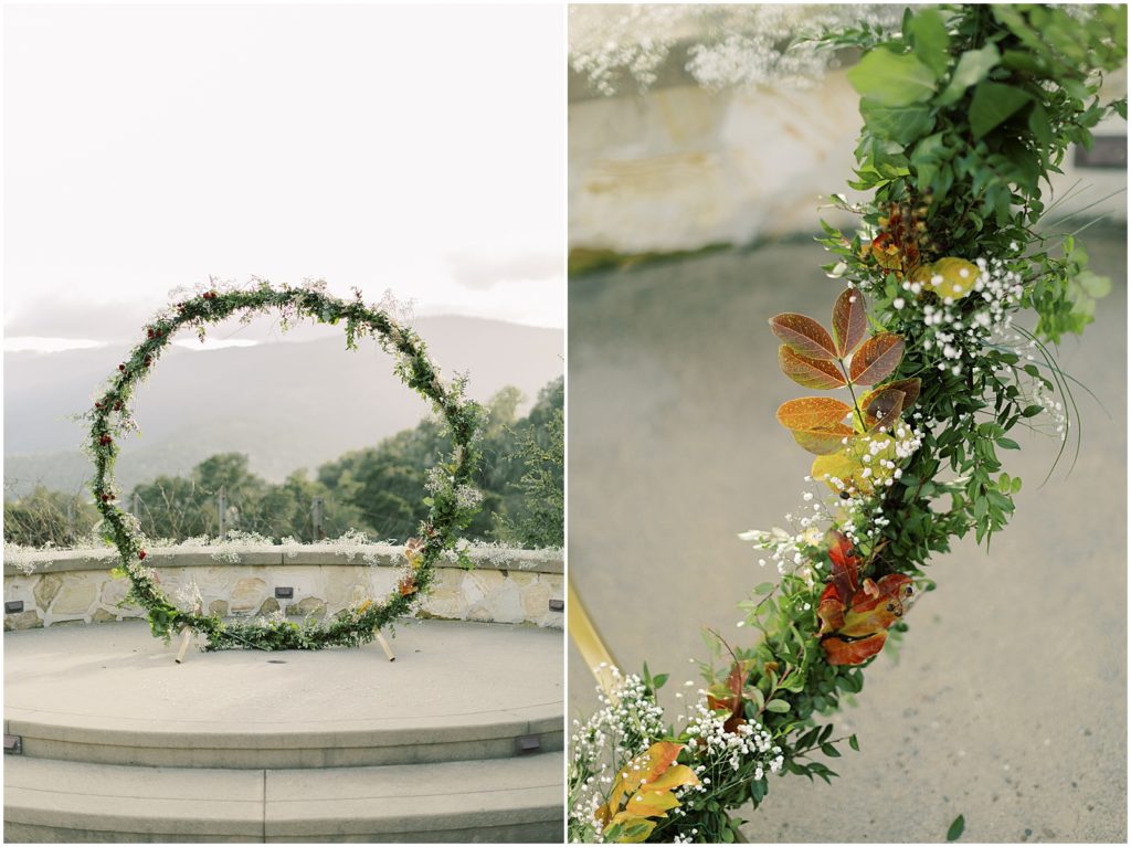 two images of a ceremony arch for an intimate Holman Ranch wedding