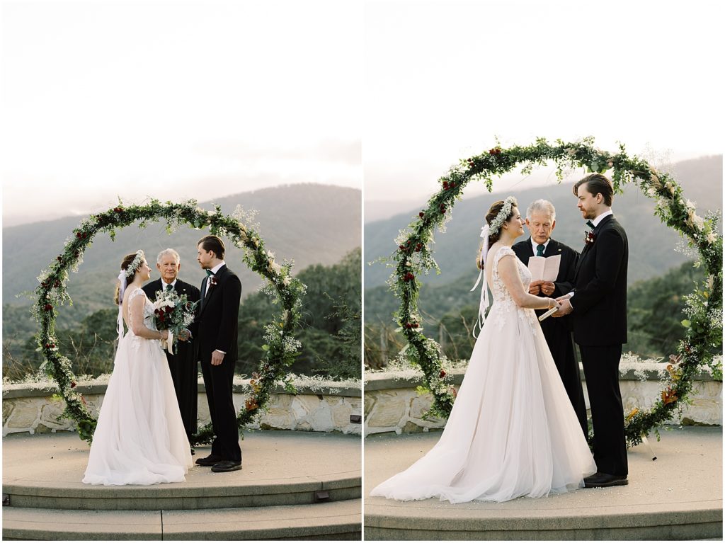 two images of the bride and groom exchanging vows at their Holman Ranch wedding