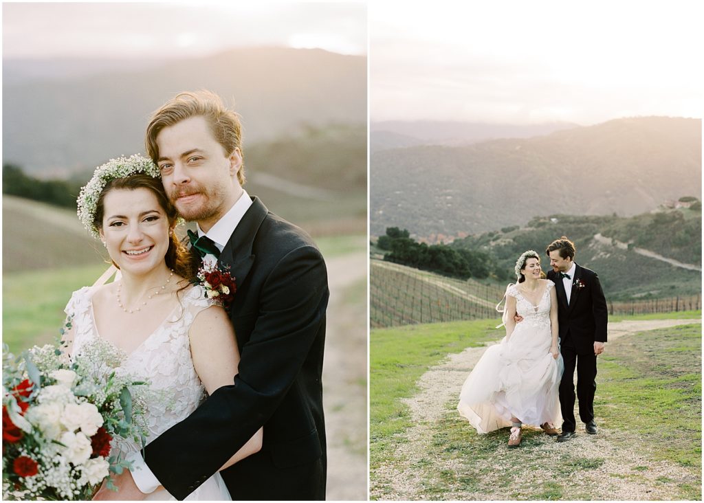 two images of a bride and groom together at Holman Ranch