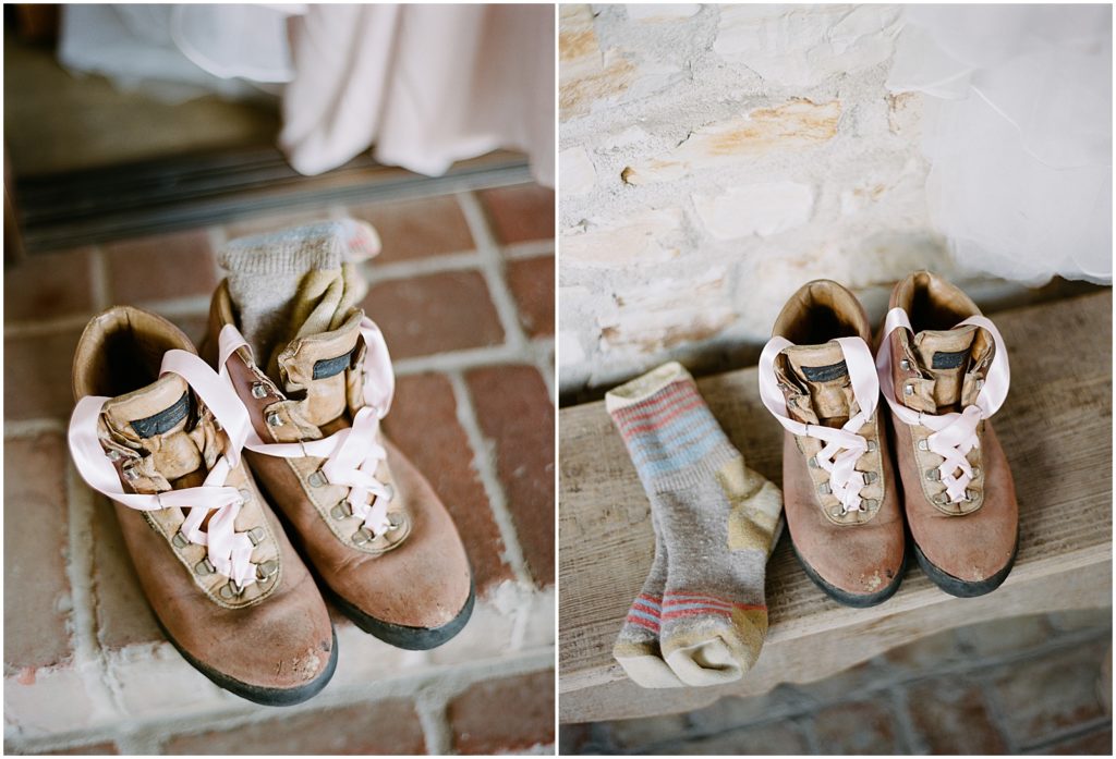 two images of a Holman Ranch bride's hiking shoes and socks