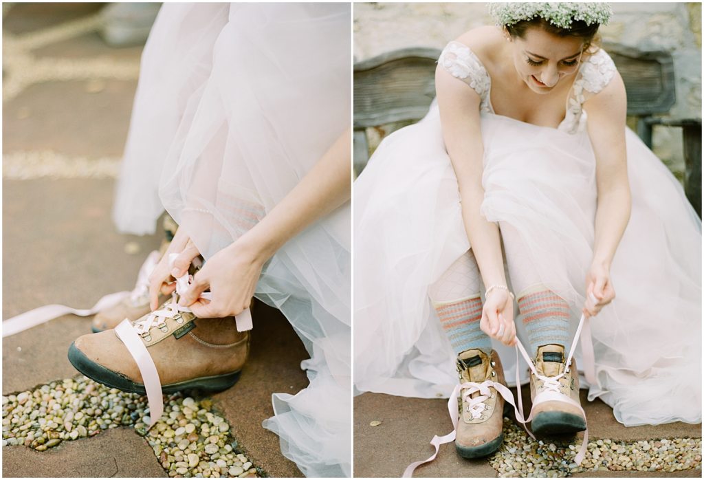 two images of a bride putting on her hiking boots under her wedding dress